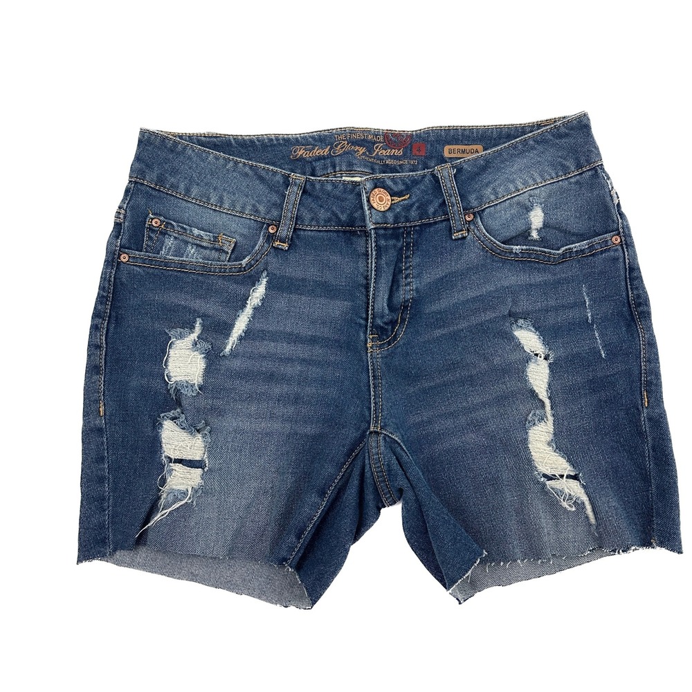 Faded‎ Glory Bermuda Shorts Womens 4 Dark Blue Distressed Raw Hem Denim
